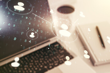Poster - Social network media concept with modern computer on background. Double exposure