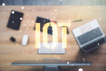 Aufkleber - Double exposure of creative IOT hologram on laptop background, research and development concept