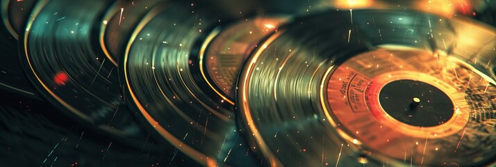 a photo of a collection of vinyl records that has been altered to add light leaks and scratches for authenticity. Concept of music appreciation in retro style.