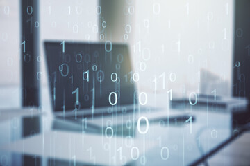Aufkleber - Creative concept of binary code illustration on modern laptop background. Big data and coding concept. Multiexposure