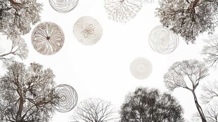 Hand-drawn architectural pattern with various textures in circles. For architectural layout and landscape design, an abstract tree top view is used.