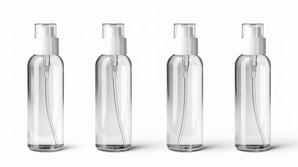 Empty bottle for mineral makeup and soap and shampoo. Isolated on white, clear plastic cap for sanitizer gel or water. transparent background with spray and pump.