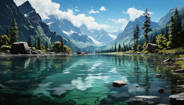 A painting with beautiful mountain scenery and blue waters in the background. Background wallpaper