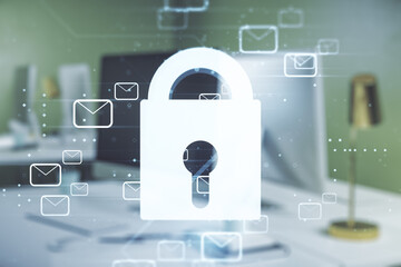 Poster - Creative concept with lock symbol and postal envelopes illustration on modern laptop background. Protection and firewall concept. Multiexposure