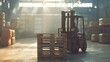 A wooden pallet is being lifted by a forklift in a warehouse.