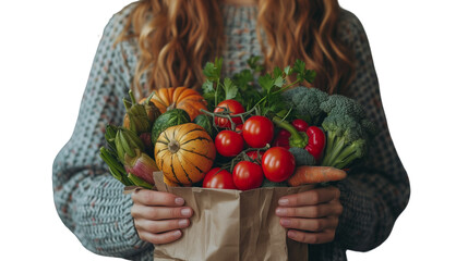 Wall Mural - Woman Holding a Paper Shopping Bag with Vegetables on Transparent Background