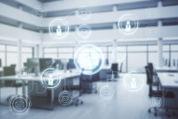 Poster - Abstract virtual social network hologram on a modern furnished classroom background. Double exposure