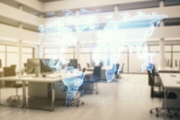Poster - Abstract creative world map interface on a modern furnished office background, international trading concept. Multiexposure