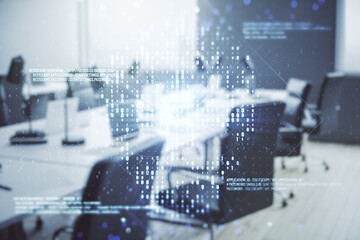 Poster - Double exposure of abstract virtual creative code skull hologram on modern corporate office background. Malware and cyber crime concept