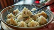 A plate steaming dumplings in a Chinese restaurant. Generative AI.