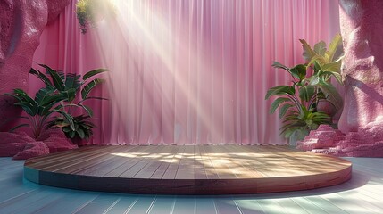 Poster - . Generative AI.Wooden platform, minimalist podest stage design, pink paradise the background, sunlight