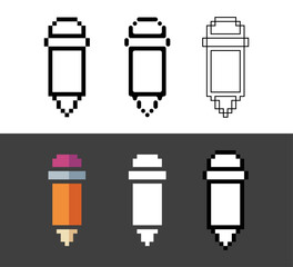 Poster - Pixel art outline thin icon sets of pencil for writing a task or studying, Simple pixelated style icon of pencil, 8bits, vector illustration for asset.