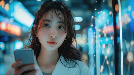 Aufkleber - Asian woman uses artificial intelligence in her smartphone. Generative AI.