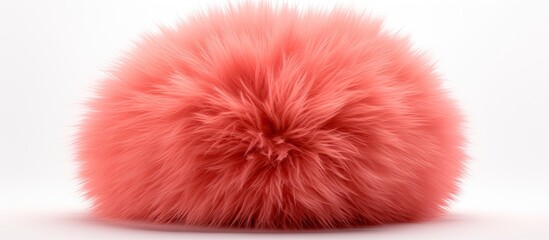 a soft pink fur ball is placed on a plain white surface, showcasing its fluffy texture and vibrant c