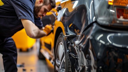 auto repairman worker in automotive industry examining car body painting or repaint at auto repair shop