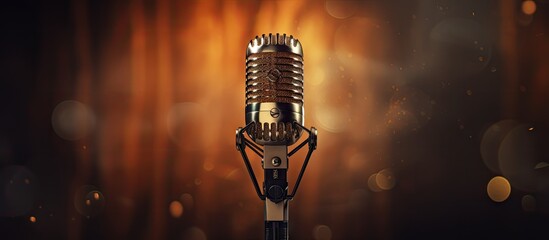 Wall Mural - An old-fashioned microphone stands on a sleek stand against a dark backdrop. The microphone exudes vintage charm and hints at performances from a bygone era.