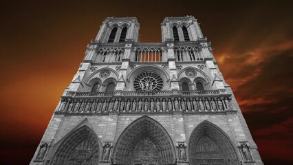 Wall Mural - Notre Dame de Paris against the background of the sunset (4K, time lapse), also known as Notre Dame Cathedral or simply Notre Dame, is a Gothic, Roman Catholic cathedral of Paris, France