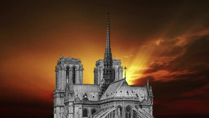 Wall Mural - Notre Dame de Paris against the background of the sunset (4K, time lapse), also known as Notre Dame Cathedral or simply Notre Dame, is a Gothic, Roman Catholic cathedral of Paris, France