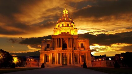 Wall Mural - Les Invalides (The National Residence of the Invalids) against the background of the sunset (4K, time lapse). Paris, France 