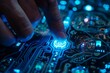 Close-up of electronic circuit board with blue lights. Technology background