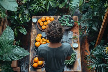 A top-down view of a person cutting oranges on a wooden table amidst lush indoor plants, creating a healthy and serene setting