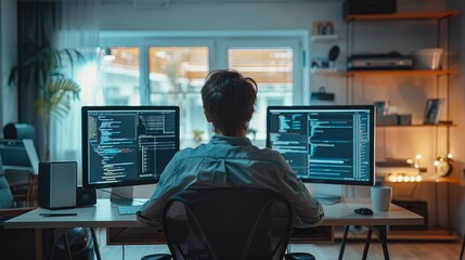 Poster - Hacker businessman using computer in minimal office, backside view. Generative AI.