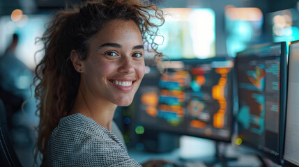 Poster - Female software developer smiling at her desk with dual monitors at modern tech office. Generative AI.