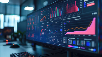 Fototapete - Web data dashboard showing charts and graphs on the screen, in a graphic design and technology style. Generative AI.