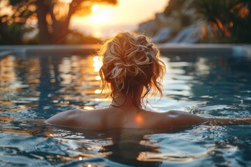 Wall Mural - This serene image captures a person enjoying a tranquil swim in a pool as the sun sets in a tropical locale