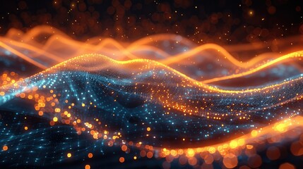 Aufkleber - Abstract future, gold and blue neon waves race, high-speed light lines with bokeh, sound wave visualization. Generative AI.