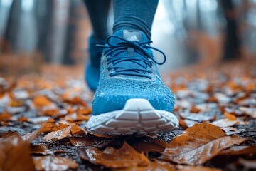 A dynamic low angle captures a runner's blue shoe amidst fallen autumn leaves, emphasizing movement and seasonal change