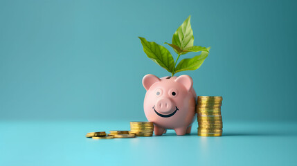 Wall Mural - Piggy bank with growing plant next to coins, blue background, generated ai