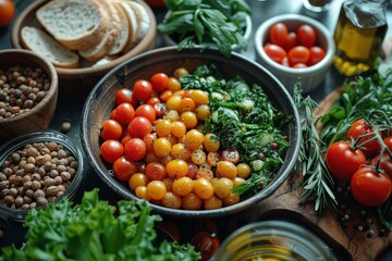 Wall Mural - Close-up of cherry tomatoes mixed with leafy greens and herbs, presented in a rustic bowl with other ingredients