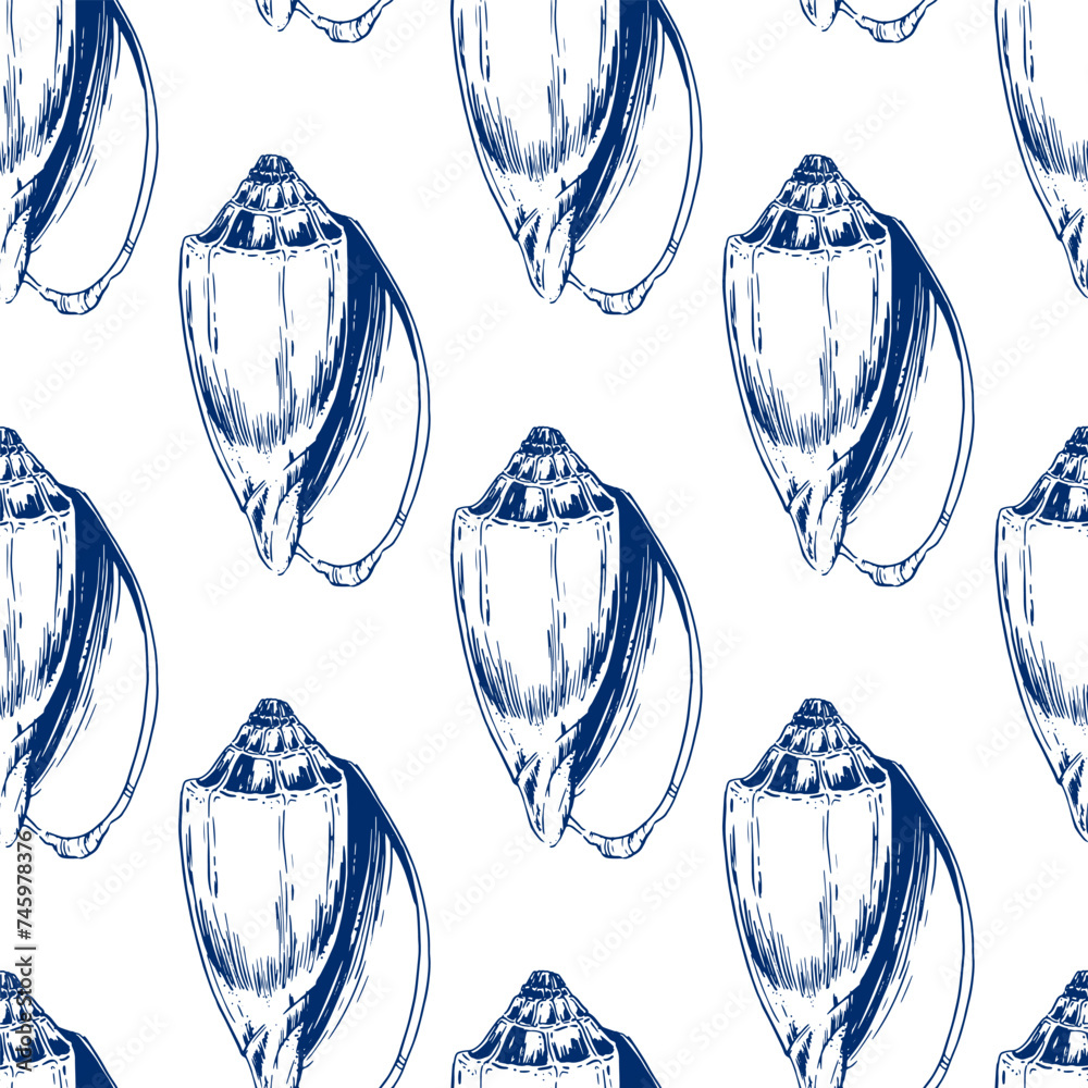 Seamless pattern of shells of underwater inhabitants. Marine background ...