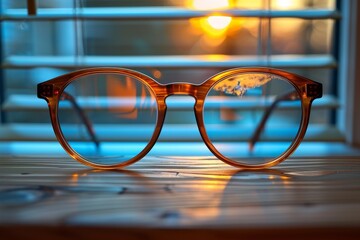 Clear glasses centered with a sunset glow backdrop, conveying clarity, focus, and intellectual concepts