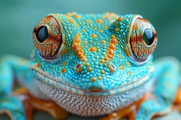 Macro shot capturing the vibrant colors and textures of a tree frog's skin, revealing intricate details and patterns