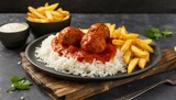 Fototapeta  - Beef meatballs in tomato sauce. Cooked white rice and French fries in the composition.
