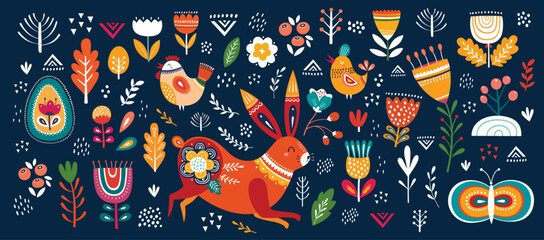 Wall Mural - Vector Easter spring collection with easter rabbits, egg and flowers. Happy easter greeting elements.