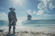 Pirate marooned on an island watches his Galleon ship sail away