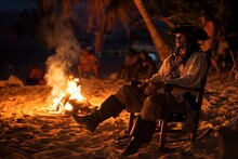 Pirate Sits By A Fireplace On A Beach Resembling Nassau