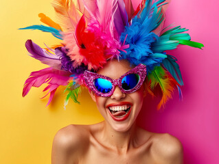 Sticker - happy woman in carnival costume on color background 