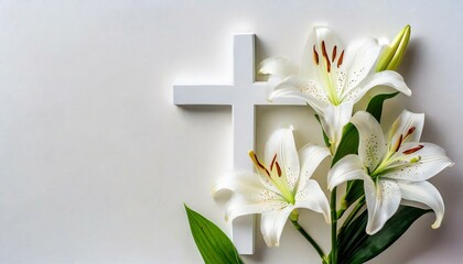 Wall Mural - Cross with White Lilies - Background for Christianity - Symbolism for Mourning or Funeral - Crucifixion of Jesus Christ