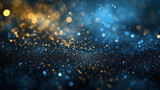 Fototapeta  - Festive celebration holiday christmas, new year, new year's eve banner template illustration - Abstract gold bokeh lights on dark blue background texture, de-focused. Dark blue and gold particle.