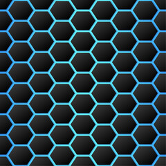 Sticker - Black hexagons on blue neon background. Geometric vector seamless pattern. Best for textile, wallpaper, web and your design.