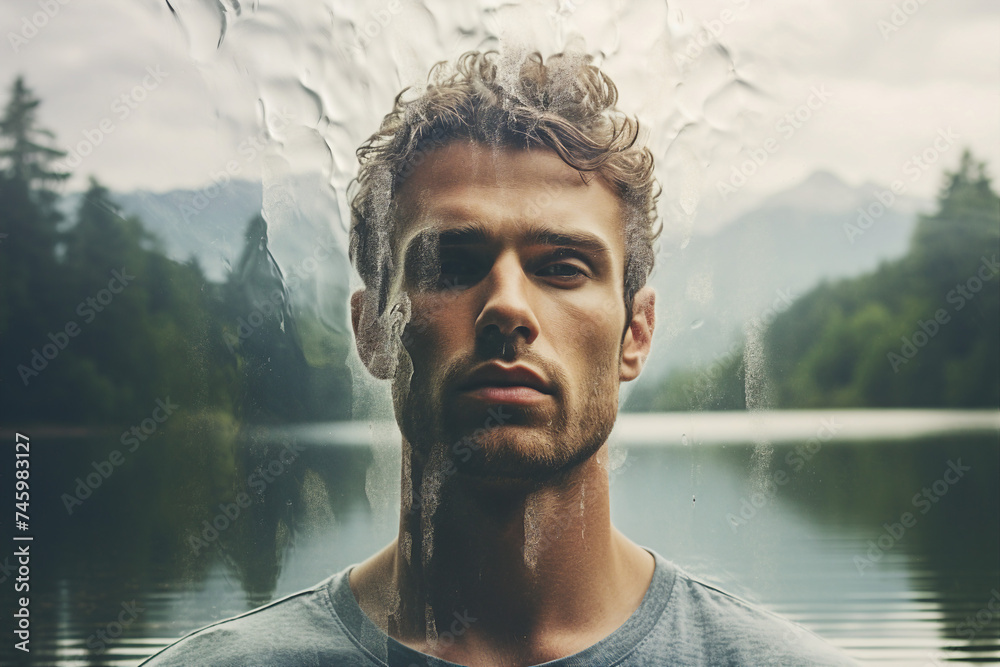 Generative ai picture double exposure of a man head on mountain and ...