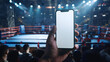Man fan hands holding isolated smartphone device in boxeo fight match crowed stadium game with blank empty white screen, sports betting concept