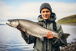 Fishing hobby concept Generative AI man woman catching big salmon fish on lake hobby sports