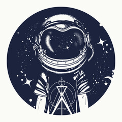 Wall Mural - Universe and boy wearing an astronaut's helmet tattoo. Young spaceman. Symbol of dreams, science, imagination, creativity, space adventure. T-shirt design