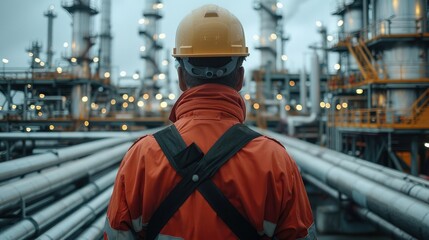 Fototapete - Back view of engineer wearing safety clothes and hardhat at Pipeline and pipe rack of petroleum, chemical, hydrogen industrial plant. Industrial zone area. Generative AI.