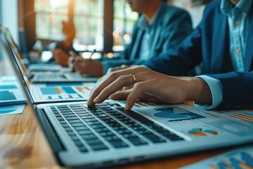 Fototapete - Analysis and strategic thinking Startup business group concept, Business man analyzing income charts and graphs with laptop computer. Generative AI.